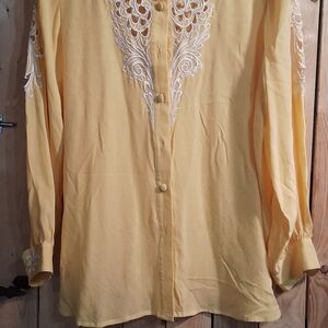 Bob Mackie Yellow Blouse with White Embroidery